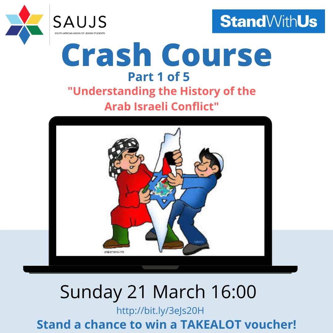 SAUJS's tweet image. Want to learn more about the Arab Israeli conflict?
 Join the first of 5 crash courses on Israel happening at 4pm today! 
#ownyourtruth 

REGISTER HERE: zoom.us/webinar/regist…
bit.ly/3eJs20H