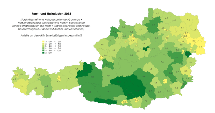 In einzelnen Bezirken sind mehr als 10% der Erwerbstätigen in der Forstwirtschaft, der Holzverabeitung und Industrien/Branchen deren Rohstoff aus Holz ist, beschäftigt. Mehr Details in der @wifoat Studie: https://www.wifo.ac.at/wwa/pubid/66984 (beauftragt vom @BMLRT_at).