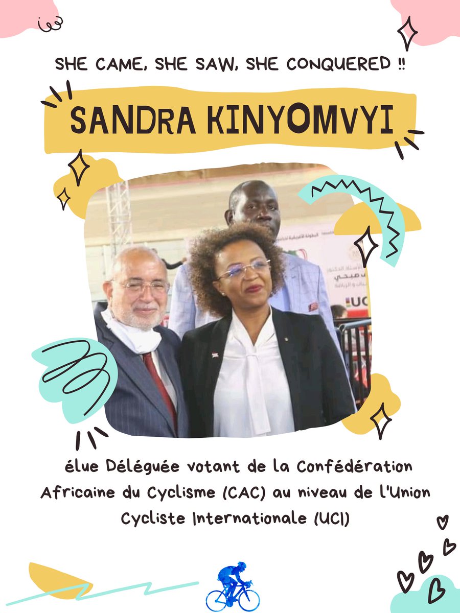 #RCBIChampions
🤩Coup de projecteur sur notre chère amie Sandra, élue Déléguée votant de la Confédération Africaine du Cyclisme (CAC) au sein de l'Union Cycliste Internationale, lors du congrès électif de la CAC, le 14 mars 2021,au Caire, en Égypte. 

Le RCBI est fier de toi 👏