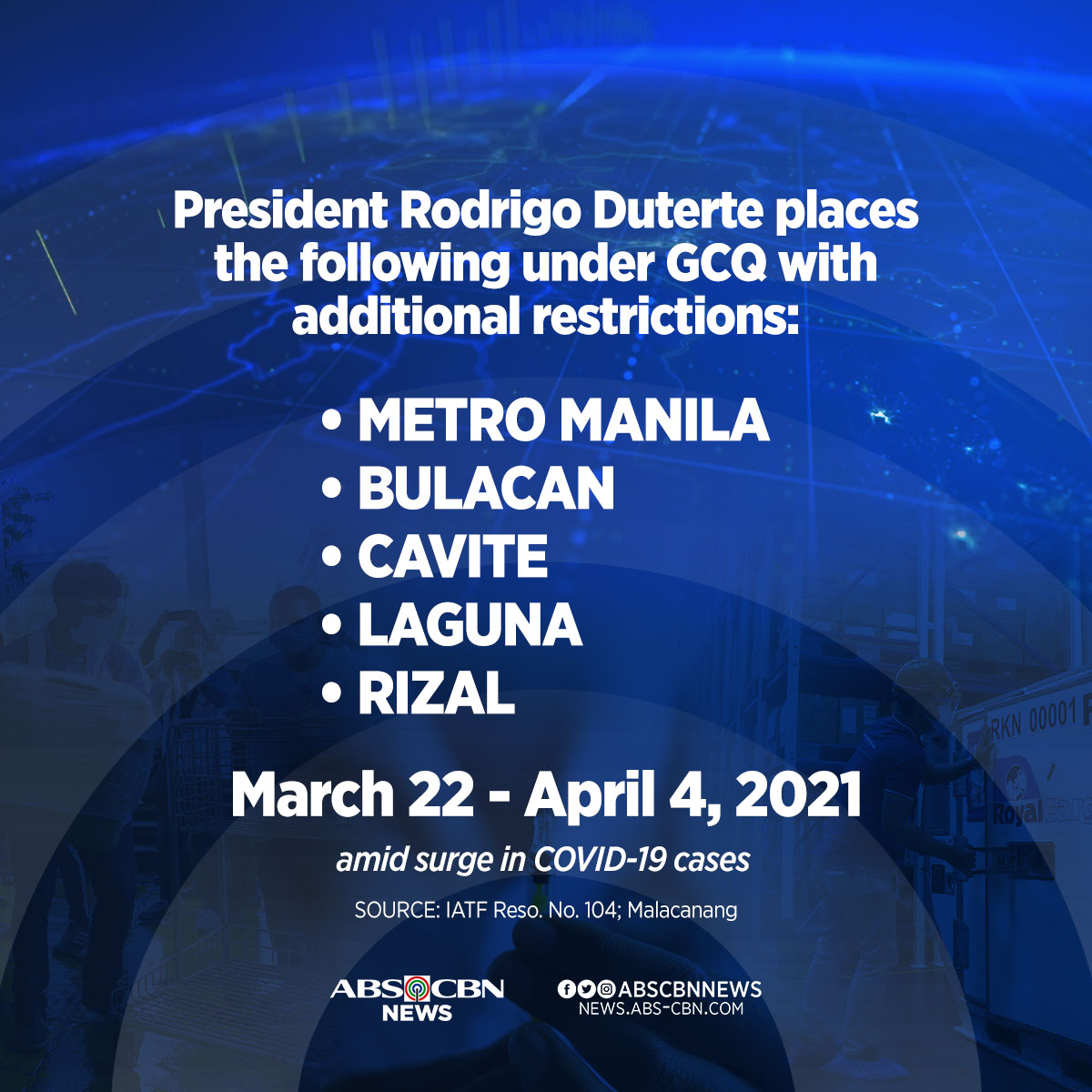 ABSCBNNews's tweet photo. President Rodrigo Duterte placed Metro Manila, Bulacan, Cavite, Laguna, and Rizal under general community quarantine (GCQ) with additional restrictions until April 4, 2021. https://t.co/le7Fho1YKw https://t.co/lDwRCL9FZH