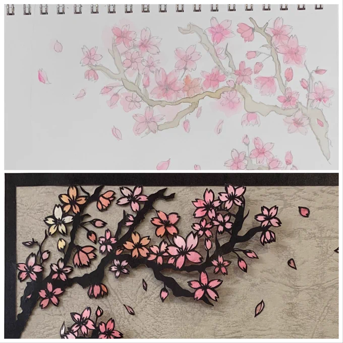 貼り付ける前の桜と炭治郎。桜の浮いた感じ伝わるといいな。切り絵の後ろからライトアップさせても雰囲気が変わっていい感じでした? 