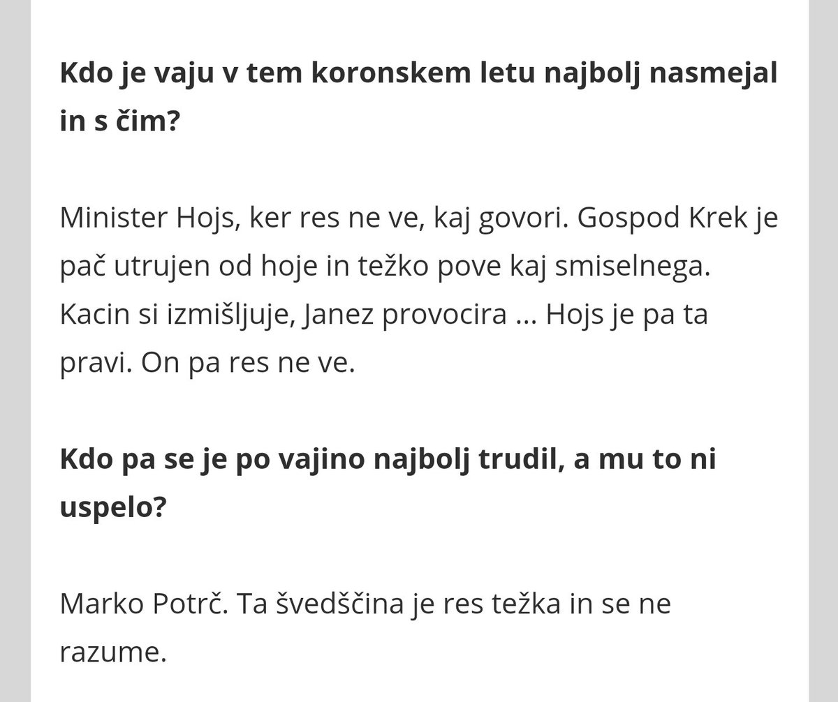 .<a href="/aleshojs/">Aleš Hojs</a> je pa ta pravi. On pa res ne ve. 😁😁😁 <a href="/zanpapi/">Žan Papič🇸🇮</a> in <a href="/GasperBergant/">Gašper Bergant</a> v intervjuju nekem. Krek, Janša, Kacin in Potrč so upravičeno užaljeni 🤪