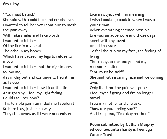 TeenageCancer's tweet photo. "Teenage Cancer Trust have been a tremendous support not only to my cousin, but to the rest of the family too… I hope that my poem spreads awareness..."

This #WorldPoetryDay we're re-sharing Nathan's poem, written about his cousin Joel 📝 https://t.co/V2KM0zDDyu