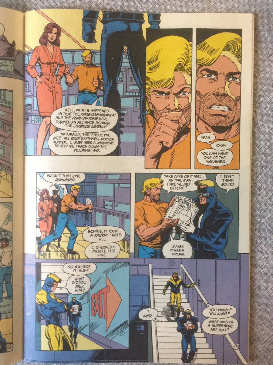 Buddy is falling faster and faster. Morrison explores grief in superhero terms here with all those powers at hand he says, grief is still overpowering. Might we even make it worse? Lovely narrative here showing just how many ways Morrison has planned this story to get us here.