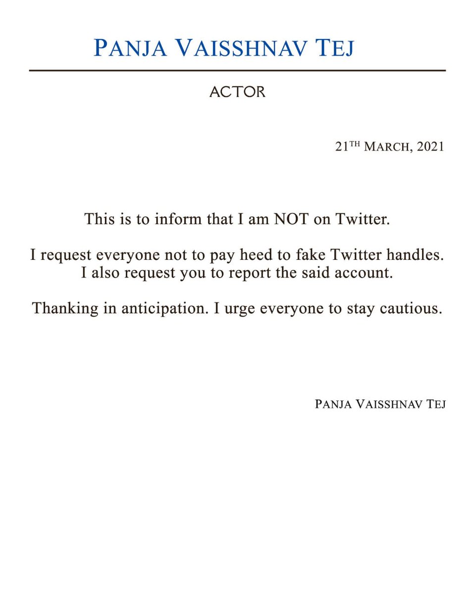 PVTtrends's tweet photo. As our hero #PanjaVaishhnavTej says.. he is not twitter.. As a Fans Page we are also requesting everyone to be careful about Fake account.. https://t.co/Htw9f49anj