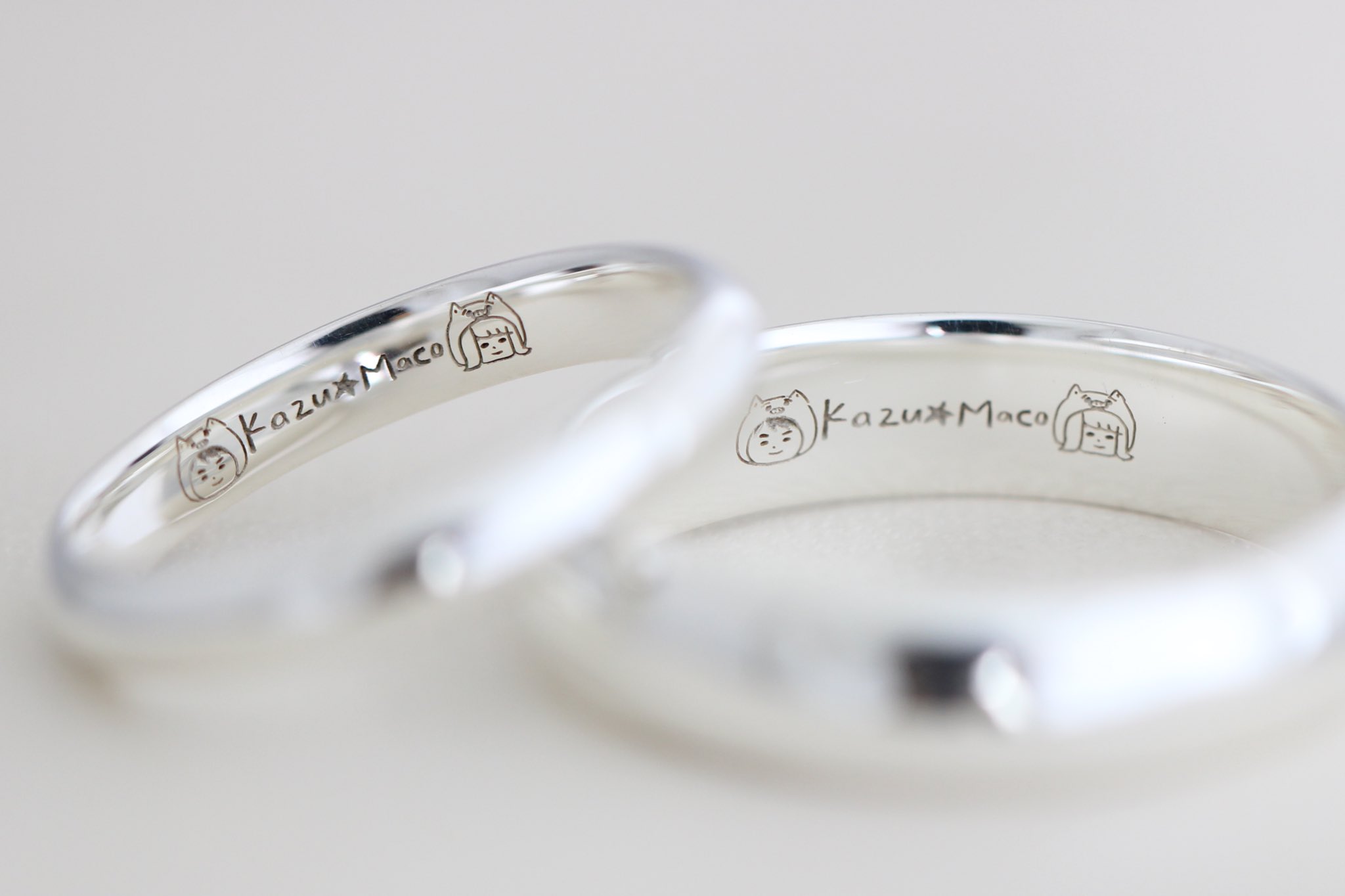 ついぶ東京工房 手作り指輪の専門店 イラスト入りのオリジナルペアリング お客様がご制作されたペアリングのご紹介です お二人が考えたオリジナルイラストと文字を刻印いたしました お二人の名前の横には それぞれ被り物を纏ったお二