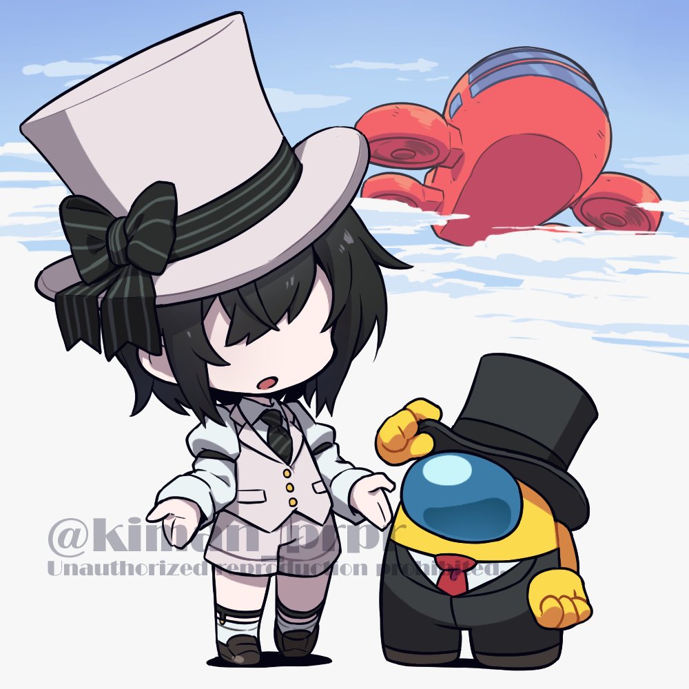 crewmate (among us) hat top hat necktie watermark black hair shorts bow  illustration images