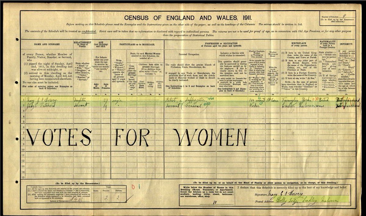 Census Day 1911: a neat &amp; tidy protest from Mary Howey #WSPU #suffragette, Cradley, #Herefordshire. Check out the Infirmity column. Mary's mother Gertrude &amp; sister Elsie who were also #suffragettes are nowhere to be seen.... <a href="/mappingsuffrage/">Mapping Women's Suffrage</a>