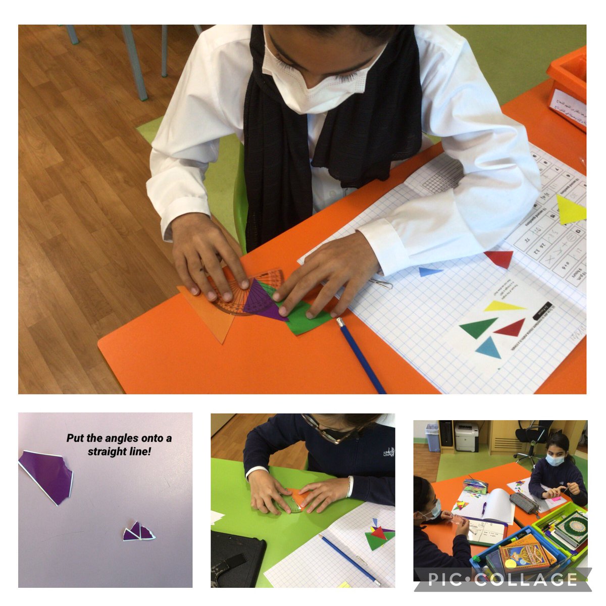 RebekahKirman's tweet photo. I loved hearing the girls discuss their In Focus this morning. Some incredible critical thinking. ‘Let’s use the protractor and measure each angle!’ ‘No we need to prove it’s 180 degrees, a straight line is 180 degrees so make it into a straight line!’ @mathsnoproblem 🧠 💡 https://t.co/qV29Hgcjxp