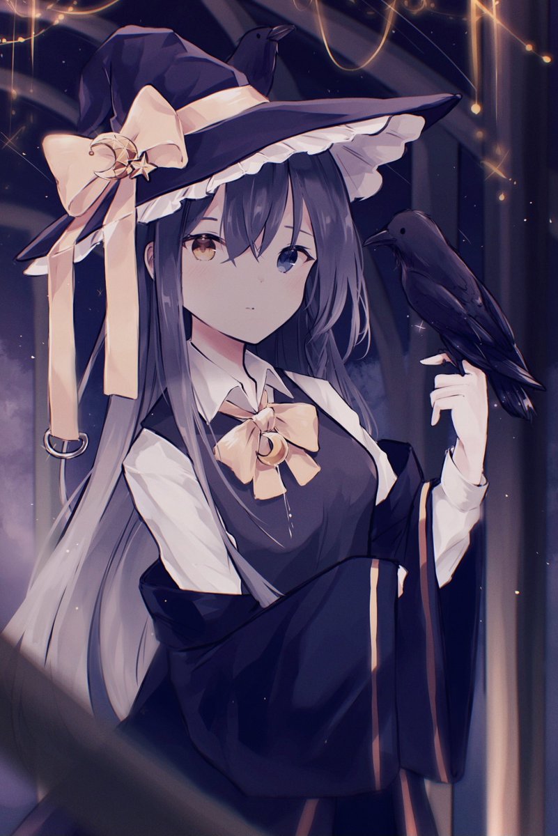 1girl hat witch hat long hair bird solo bow  illustration images