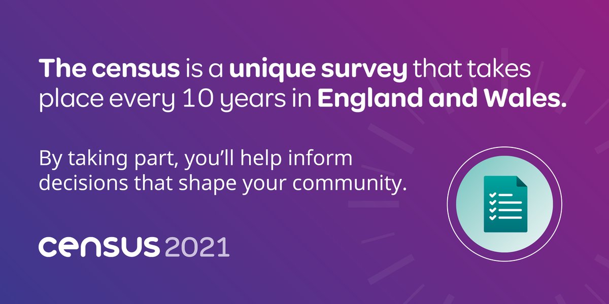 Census day 2021 is here!
By now, you would’ve gotten a letter with an access code to take part online. 
By filling in your census, you’ll help shape your community for the next 10 years.
.<a href="/Census2021/">Census 2021 - England & Wales</a> can provide help if you need it.
More info: census.gov.uk