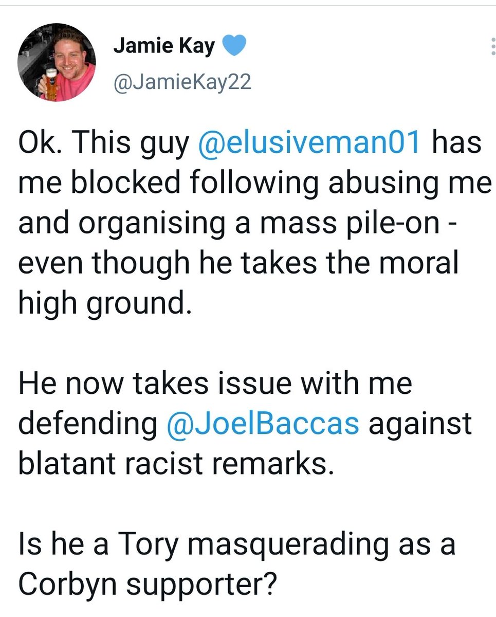 That’s racist Jamie above.This middle-aged white man tried to get me reported off Twitter recently, because I told some truth about his lies.He says now he didn’t ask anybody to report me…