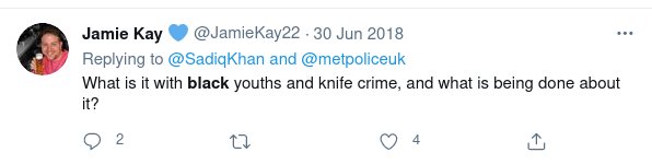 But he said it. And plenty more that he’s tried to delete.“What is it with black youths and knives?”“What is being done about it?”But yeah, you’re not racist Jamie…