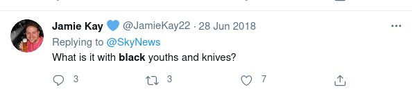 But he said it. And plenty more that he’s tried to delete.“What is it with black youths and knives?”“What is being done about it?”But yeah, you’re not racist Jamie…