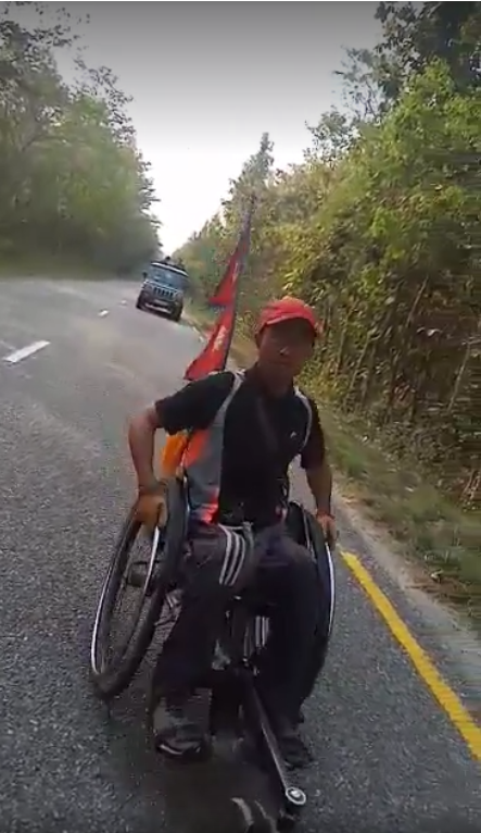 KanakManiDixit's tweet photo. As we speak, wheelchair marathoner Ram Bahadur Tamang Gole is wheel-trekking through the Bardiya National Park, with kind escort of the Nepal Army. He has about 130 KM remaining to reach the end of his east-west odyssey at the Mahakali River. https://t.co/qorXcR9Ffj