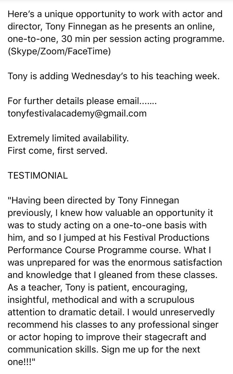 FestProductions's tweet image. Contact: tonyfestivalacademy@gmail.com one to one acting course. See attached. #acting #onetoone #online #course #performance #stage #monologue #drama #technique #skills #audition #exams #stagecraft #communication #theater #theatre #arts