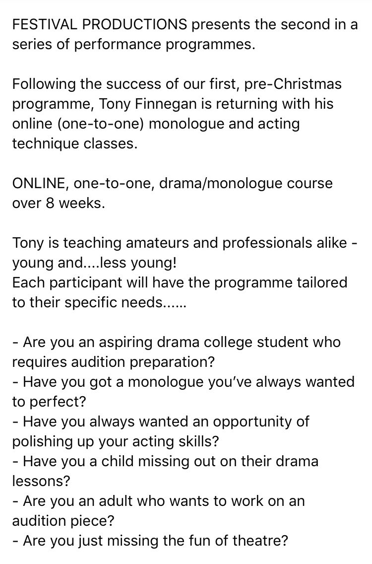 FestProductions's tweet image. Contact: tonyfestivalacademy@gmail.com one to one acting course. See attached. #acting #onetoone #online #course #performance #stage #monologue #drama #technique #skills #audition #exams #stagecraft #communication #theater #theatre #arts