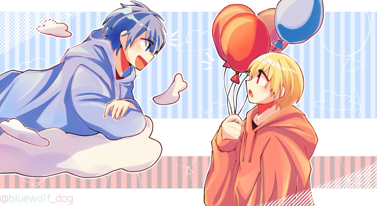 2boys balloon multiple boys blue hair blonde hair male focus blue eyes  illustration images