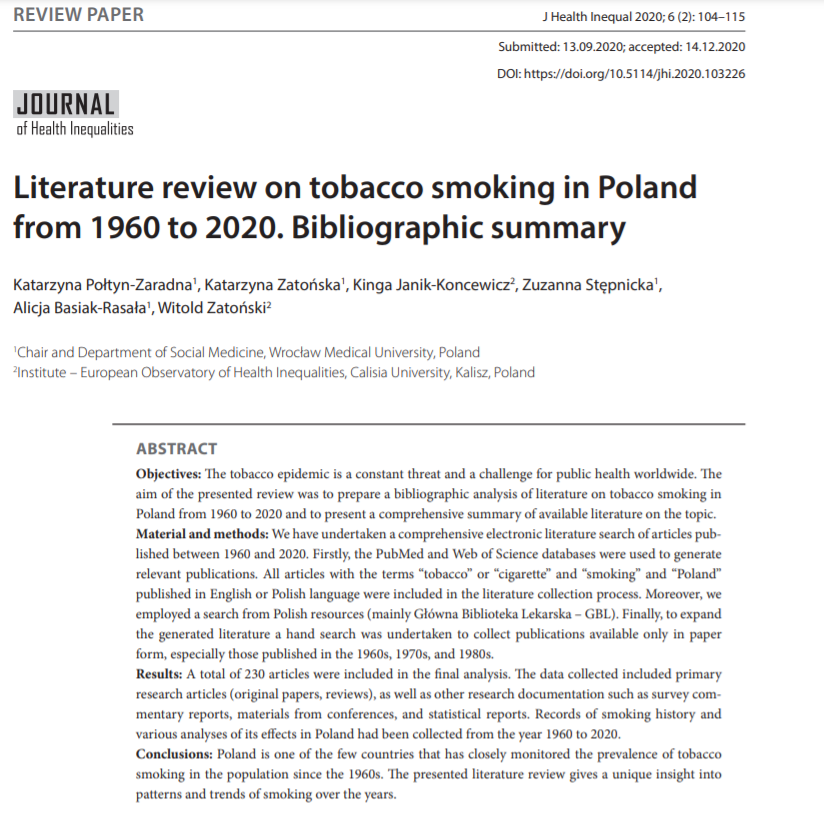New literature review on #tobacco smoking in Poland between 1960 and 2020 conducted by 
<a href="/umed_wroc/">umed_wroc</a> <a href="/PwszKalisz/">PWSZ w Kaliszu</a> <a href="/PromocjaZdrowia/">Fundacja Promocja Zdrowia</a> - now available #openaccess:

--> termedia.pl/Literature-rev… <-- 

#smoking #papierosy #zdrowie #tobaccocontrol