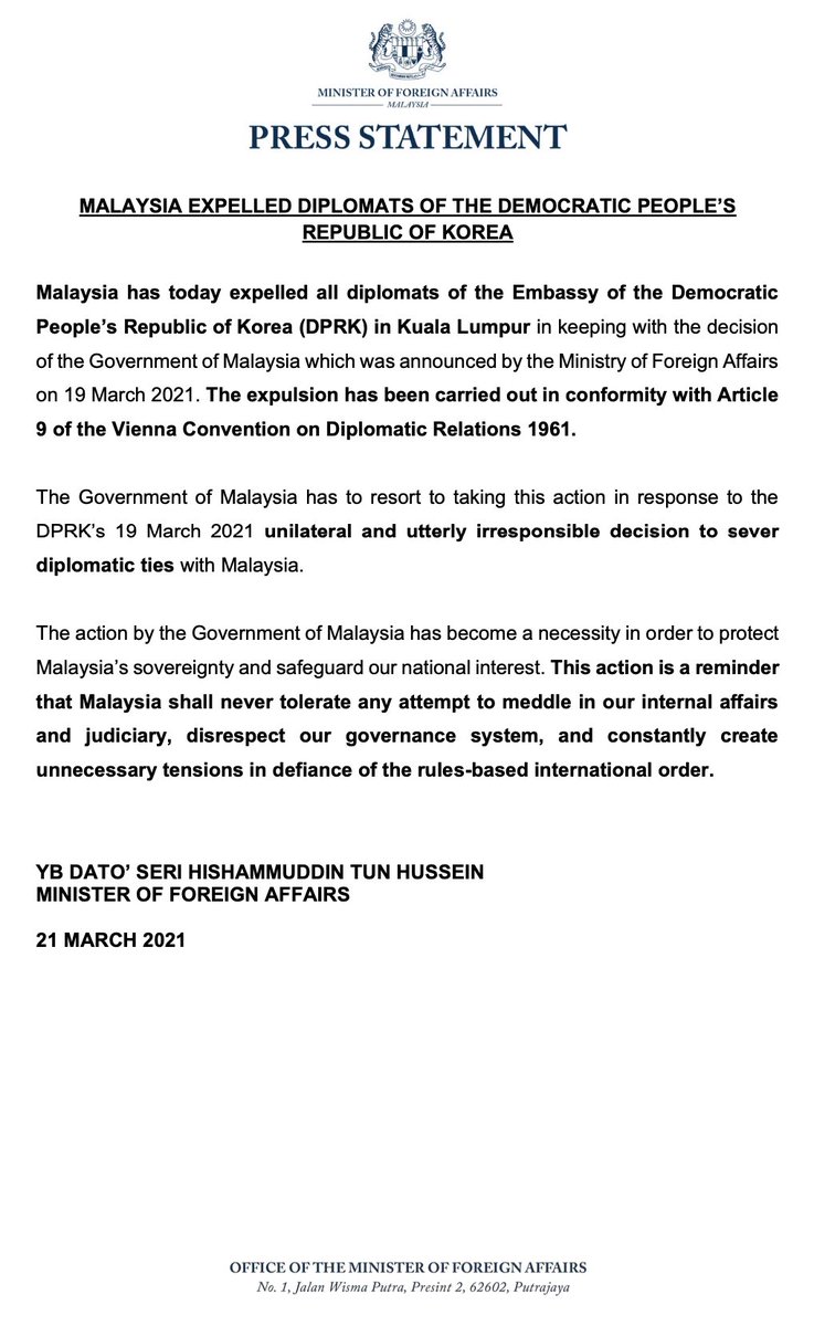 HishammuddinH2O's tweet photo. Malaysia has today expelled all diplomats of the Embassy of the Democratic People’s Republic of Korea (DPRK) in Kuala Lumpur in keeping with the decision for all diplomatic staff and their dependents at the Embassy of the DPRK to leave Malaysia within 48 hours from 19 March 2021. https://t.co/UXSPsdBPL2