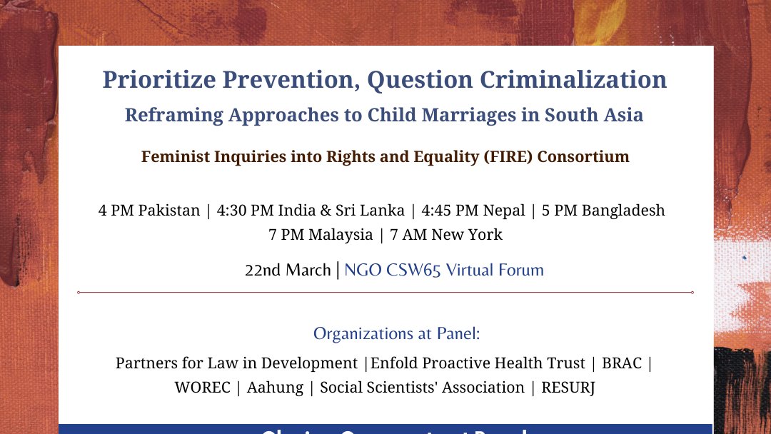 PLD_India's tweet photo. ✅HAPPENING TOMORROW! 4:30 PM India / 7 AM New York.

📢Join #FIRE consortium discussing responses to child marriage in South Asia at @NGO_CSW_NY.

💮Registered? Go to https://t.co/YjUZuNTenT
 
💮OR catch it LIVE https://t.co/yb3W0TRYXl

#CSW65 #FIRESpeak #JoyfulDisruption https://t.co/bvr1OqLQMj