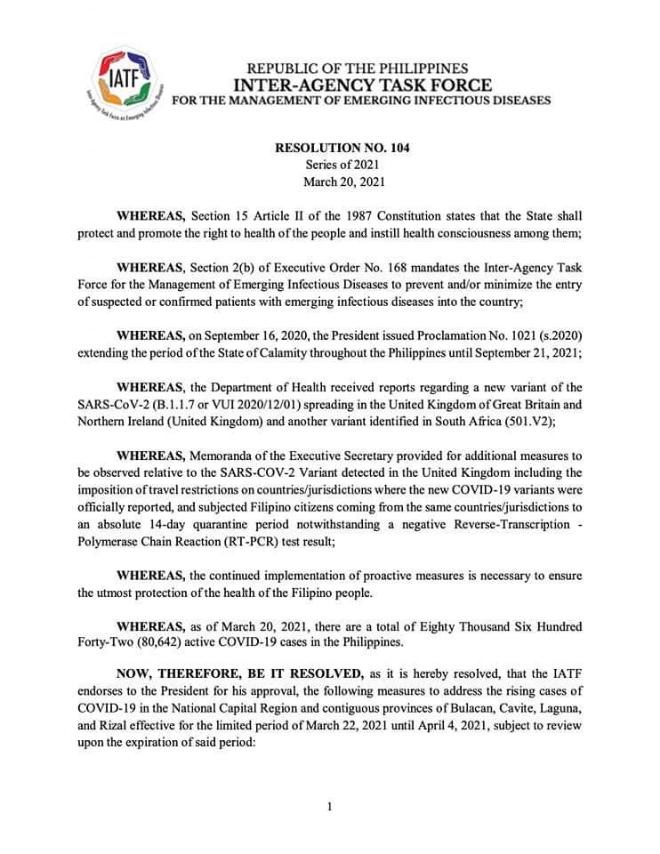 VicoSotto's tweet photo. In response to the currently over 80,000 active cases in the Philippines, the national IATF has issued Resolution No. 104 (March 20, 2021).

Ang mas mahigpit na alituntunin ng IATF ay ipapatupad mula bukas (Mar22) hanggang Linggo ng Pagkabuhay (Apr4).

#WeHealAsOne https://t.co/i7Kp5ofZ5v