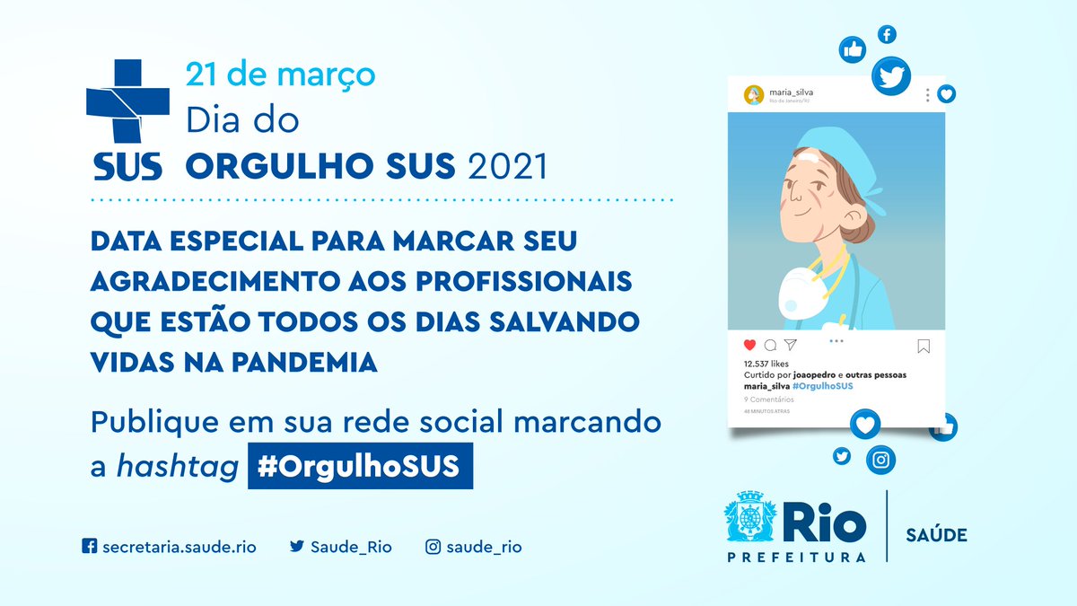 Saude_Rio's tweet photo. 21 de março é o Dia do Orgulho SUS. Neste ano, é impossível não homenagear os profissionais que salvam vidas todos os dias no Sistema Único de Saúde, seja na linha de frente, vacinação, análises epidemiológicas, tomadas de decisão e muito mais! 

#OrgulhoSUS
@Prefeitura_Rio https://t.co/Sv1qlqAjcL