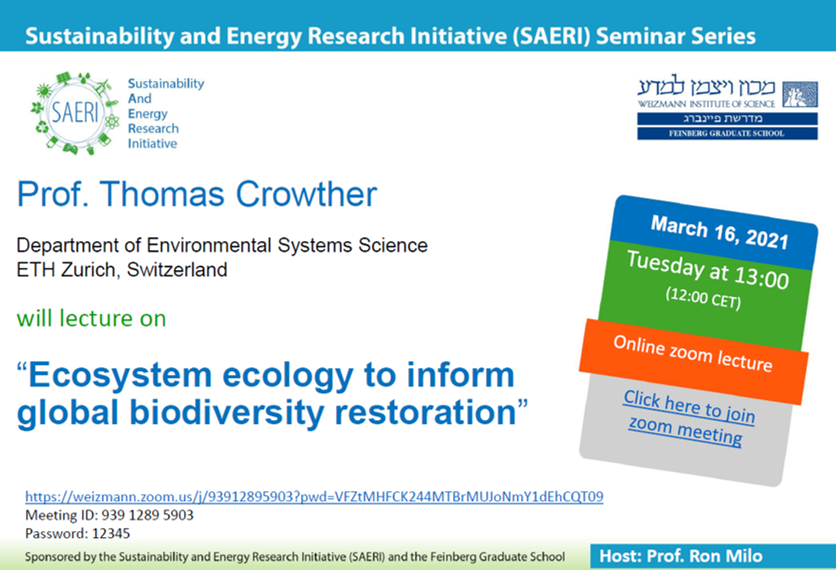 We are excited to be hosting Prof. Thomas Crowther <a href="/CrowtherLab/">Crowther Lab</a> in the Weizmann Sustainability and Research Initiative seminar. Tuesday 13:00. 

weizmann.zoom.us/j/93912895903?…

weizmann.ac.il/SAERI/