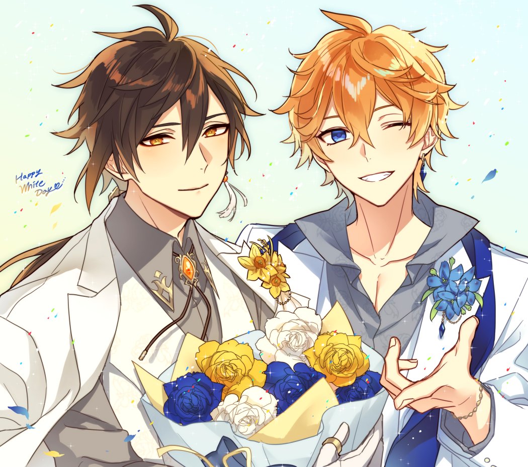 tartaglia (genshin impact) ,zhongli (genshin impact) 2boys multiple boys jewelry blue eyes male focus one eye closed bouquet  illustration images