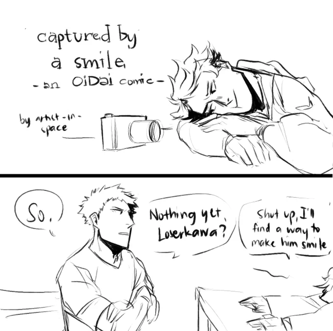Captured by a Smile: a little #oidai comic wherein #iwaizumihajime challenged #oikawatooru to take a picture of #daichi and Daichi wouldn't budge till the last minute. (also known as: Oikawa getting distracted by Daichi's tooth gap) #haikyuu #haikyuufanart 