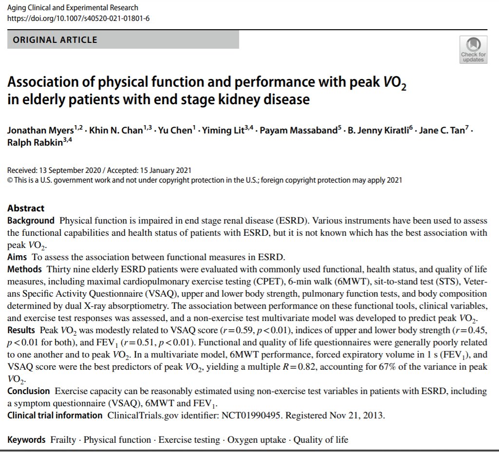 The association between peak VO2, clinical measures, and clinical tools of #PhysicalFunction in older adults receiving #hemodialysis.

bit.ly/3cskTz7