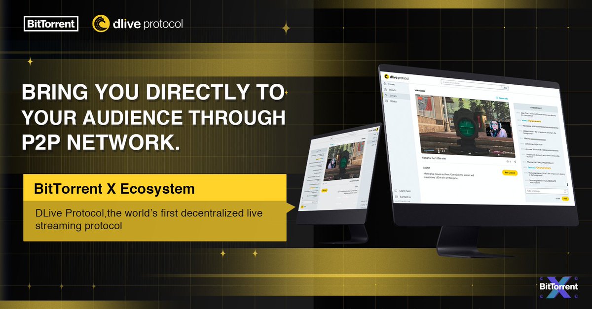 BitTorrent's tweet photo. 🎥#DLiveProtocol, the world’s first decentralized live streaming protocol, giving you the revolutionary experience on peer-to-peer Livestream.

📺Stream NOW: https://t.co/ykesCScXLs

#BitTorrent #BTT #DLive
@BitTorrent @DLiveProtocol https://t.co/uSiZ1jDHIX