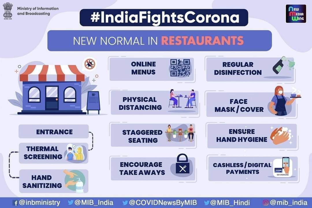 PRODefNgp's tweet photo. #IndiaFightsCorona:
#NewNormal in Restaurants:
✅Thermal screening
✅Hand sanitizing 🧴
✅Online menus 
✅#PhysicalDistancing 
✅Staggered seating
✅Regular disinfection
✅Face mask/cover 😷
✅Ensure hand hygiene 👐
✅Cashless digital payment 
@MahaDGIPR
@airnews_nagpur https://t.co/rYsZ4asM2i