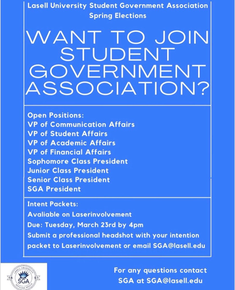 lasellclass2023's tweet photo. There is still time to send your intent packet in to run for a position! https://t.co/tU9qOYfTBd