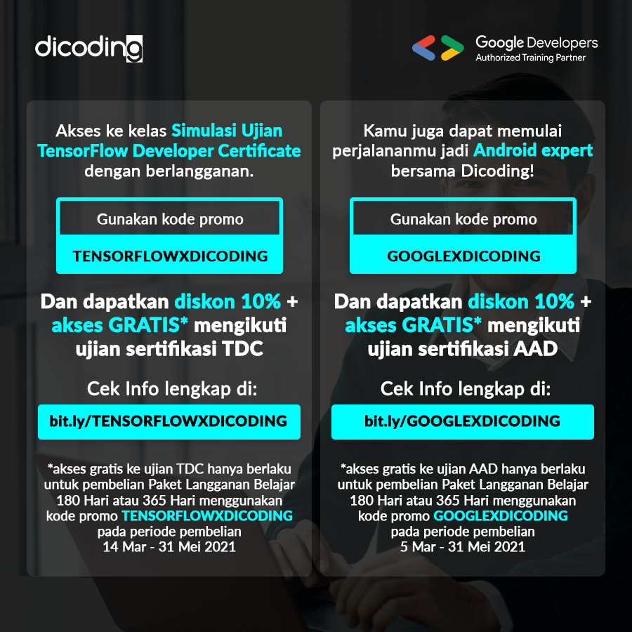 dicoding's tweet image. Berikut penawaran khusus untukmu🔥
.
#TDC #tensorflowdeveloper #mahinelearning #developers