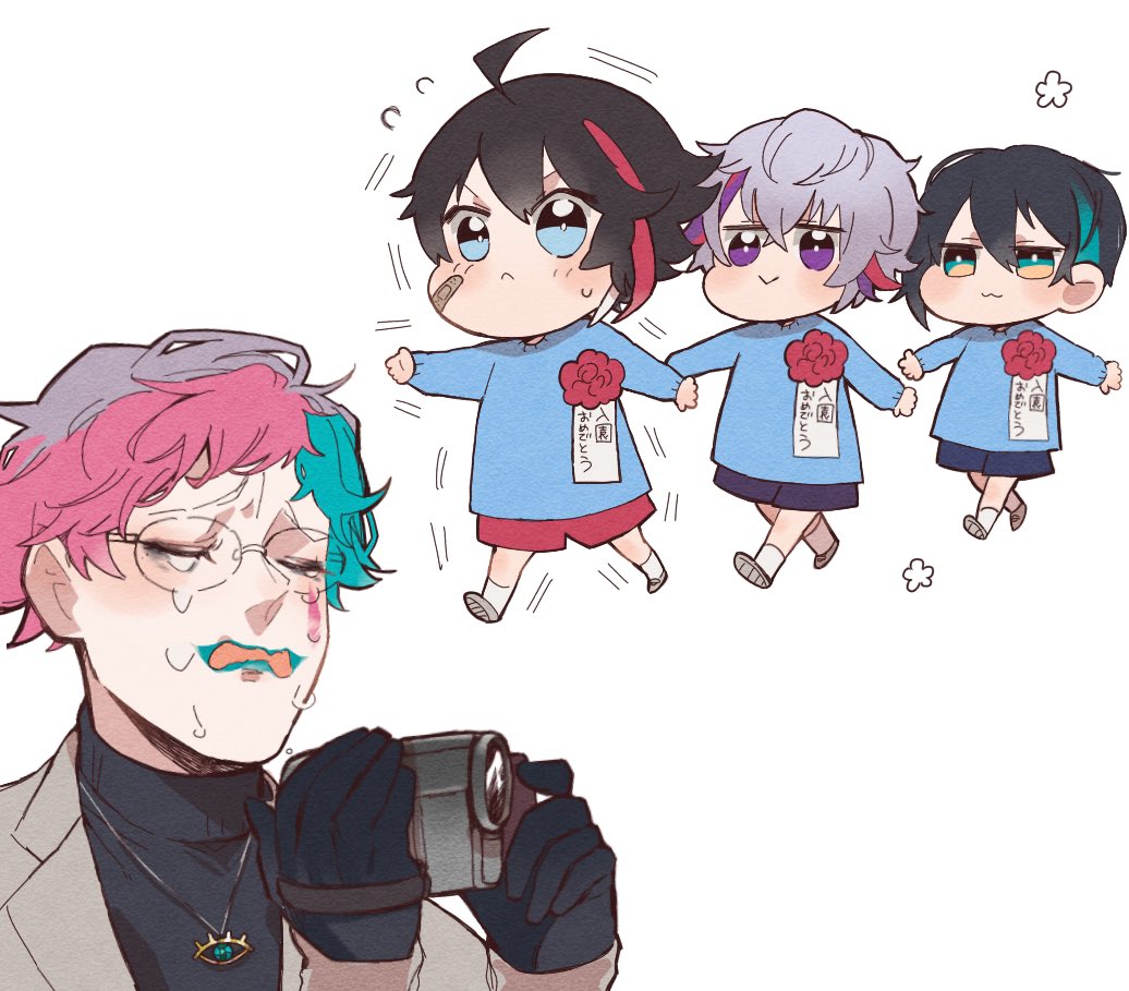 black hair multiple boys shorts pink hair bandaid gloves crying  illustration images