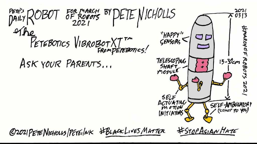 petenicholls_'s tweet image. You’ll need to ask your parents about today’s #PetesDailyRobot! #DailyRobot #RobotDrawing #iamdrawing #robots #webcomic #webcomics #MarchOfRobots2021 #CreateWithXenceLabs #VibrobotXT