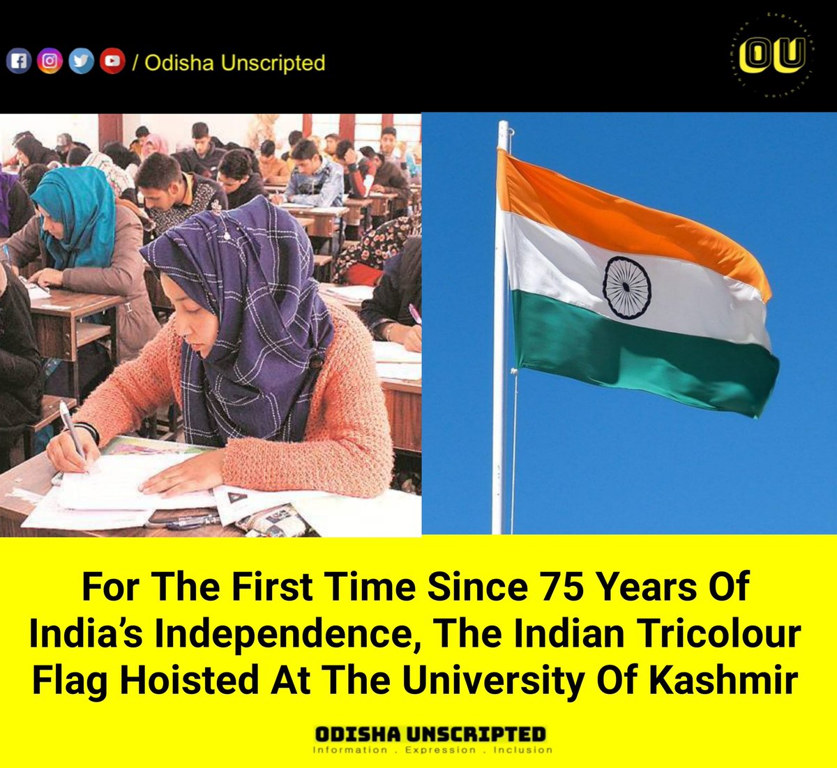 odisha_unscript's tweet photo. For the first time since 75 years of Indiaโs Independence, the Indian Tricolour flag hoisted at the University of Kashmir ๐ฎ๐ณ๐ฎ๐ณ
#odishaunscripted
#Kashmir
#university
#school
#college
#indianflag https://t.co/2MSFVVbpjf