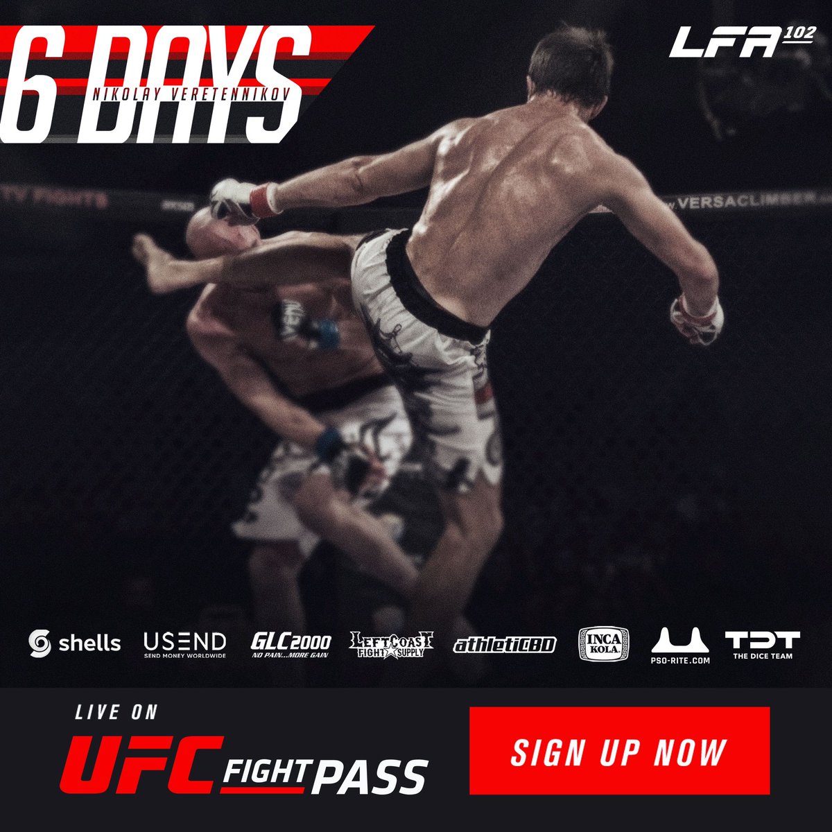 In 6 Days, knockout artist <a href="/VeretennikovMMA/">Nikolay Veretennikov</a> returns to the <a href="/LFAfighting/">LFA</a> Octagon at #LFA102! 🇰🇿

Friday, March 19
<a href="/GrandCasinoOKC/">Grand Casino Resort</a>
#Shawnee, #Oklahoma

#MMA
#LFANation
<a href="/UFCFightPass/">UFC FIGHT PASS</a>
