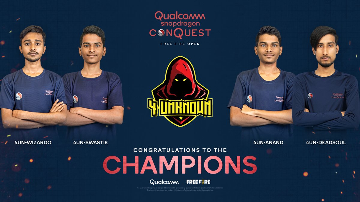 Snapdragon_IN's tweet photo. They came, they battled it out against the very best in #FreeFireOpen, and they conquered! Congratulations, Team 4 UNKNOWN β Champions of the 1st Qualcomm #SnapdragonConquest! Shout out to our runners-up, Team Elite & Team Life Hackers, for making it an epic finale! https://t.co/x4EHwYrRrZ