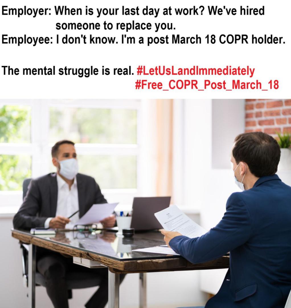 COPRPOSTMARCH18's tweet photo. We are already out of jobs in our home countries because of indefinite exit times with our employers. This is mentally draining. We want exemption from the travel ban @marcomendicino @CitImmCanada @PattyHajdu 

#free_CoPR_post_march18
#letuslandimmediately
#canada_immigrationvisa https://t.co/FOSmvviCtx