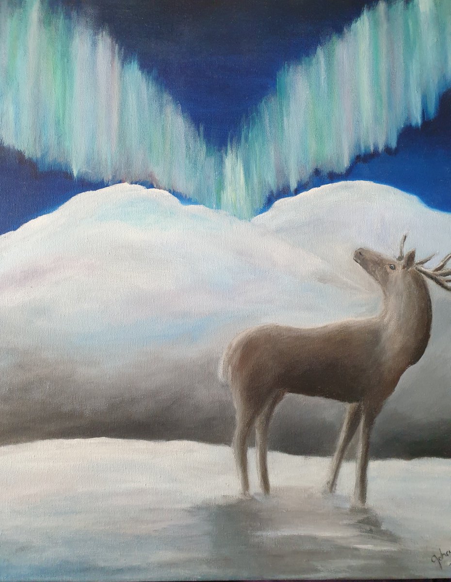 Jonska3's tweet photo. "Northern Lights" or "Revontulet" as we call them in Finnish, which literally means "Fox Fires" Oils on canvas 38x46 cm.

Available in a month when it's been varnished.  

#northernlights #fantasyart #art #painting #stag https://t.co/uyT5pfyboK