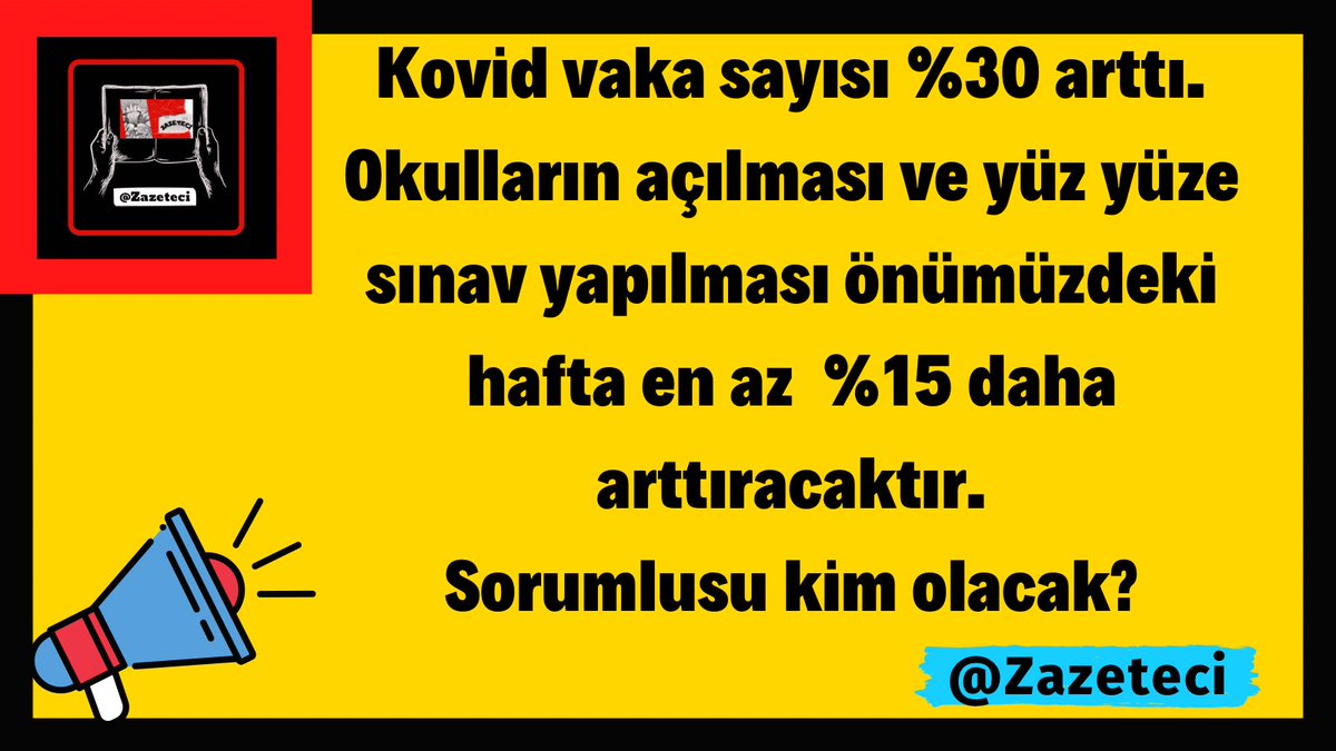 Kovid vaka sayısı %30 arttı.
Okulların açılması ve yüz yüze sınav yapılması önümüzdeki hafta en az  %15 daha arttıracaktır.
Sorumlusu kim olacak? 

 #bizimledeğilvirüsleuğraşın