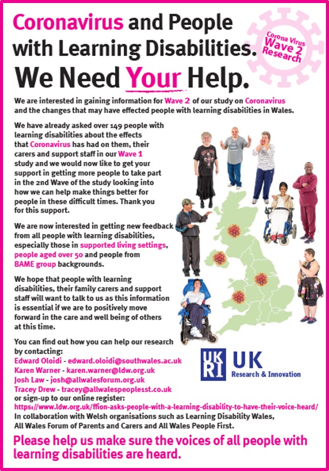 Please help us <a href="/CoronavirusLD/">Coronavirus and Learning Disability Study</a> WAVE 2 to make sure the voices of all People with Learning Disabilities are heard AGAIN across Wales &amp; UK <a href="/LastDaysoflifeR/">Stuart Todd</a> @StephenBeyer7 <a href="/AllWalesPF/">All Wales People 1st</a> <a href="/LdWales/">Learning Disability Wales</a> <a href="/AllWalesForum/">All Wales Forum</a> <a href="/ncmh/">NC+MH</a> <a href="/USWResearch/">USWResearch</a> @USWCareSciences  @CaerphillyFirst <a href="/V21CyfleCymru/">V21</a>