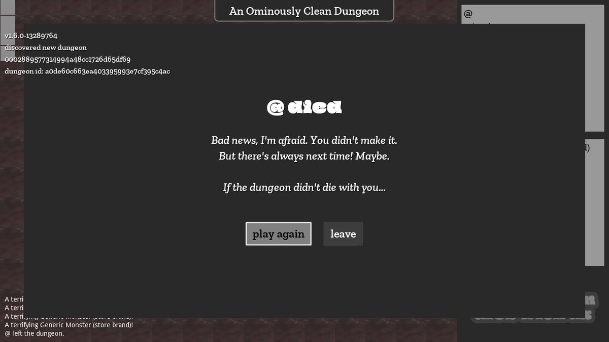 Player death screen in the Ominously Clean Dungeon.