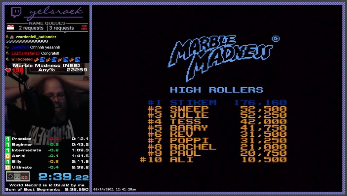 yelsraek's tweet photo. Marble Madness (NES) World Record - 2:39.117

Saved the Beginner and Silly frame rules.

We are 8 frames away from 2:38.

https://t.co/f3idu38RUp https://t.co/4sheo95kUi