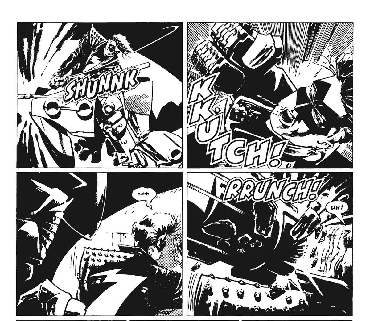 Even the letterer (Kid?) is intent on doing things their way. I love some of this, it’s so distinctive I find myself actually speaking the sounds under my breath to hear them. I’m not sure when I last did that.