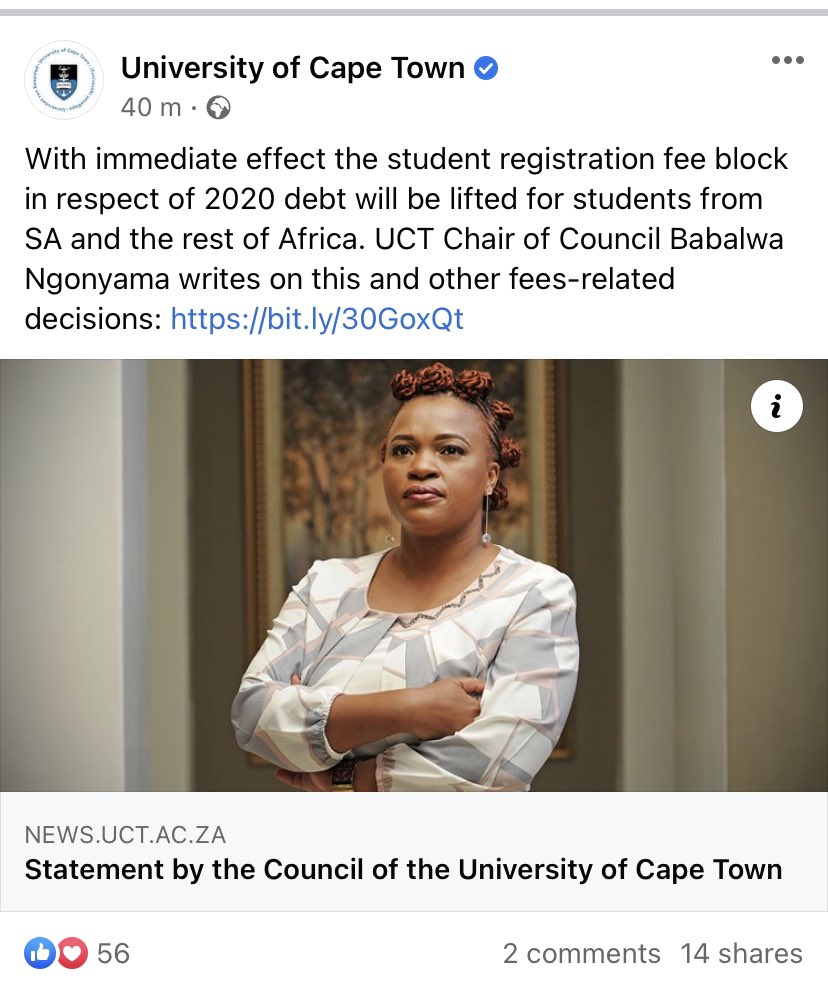 [JUST IN]: UCT has joined UWC and CPUT in financially clearing all students to register for 2021 We are not mad it is possible, lift ALL FINANCIAL BLOCKS! #FeesMustFall2021 #FreeEducation!