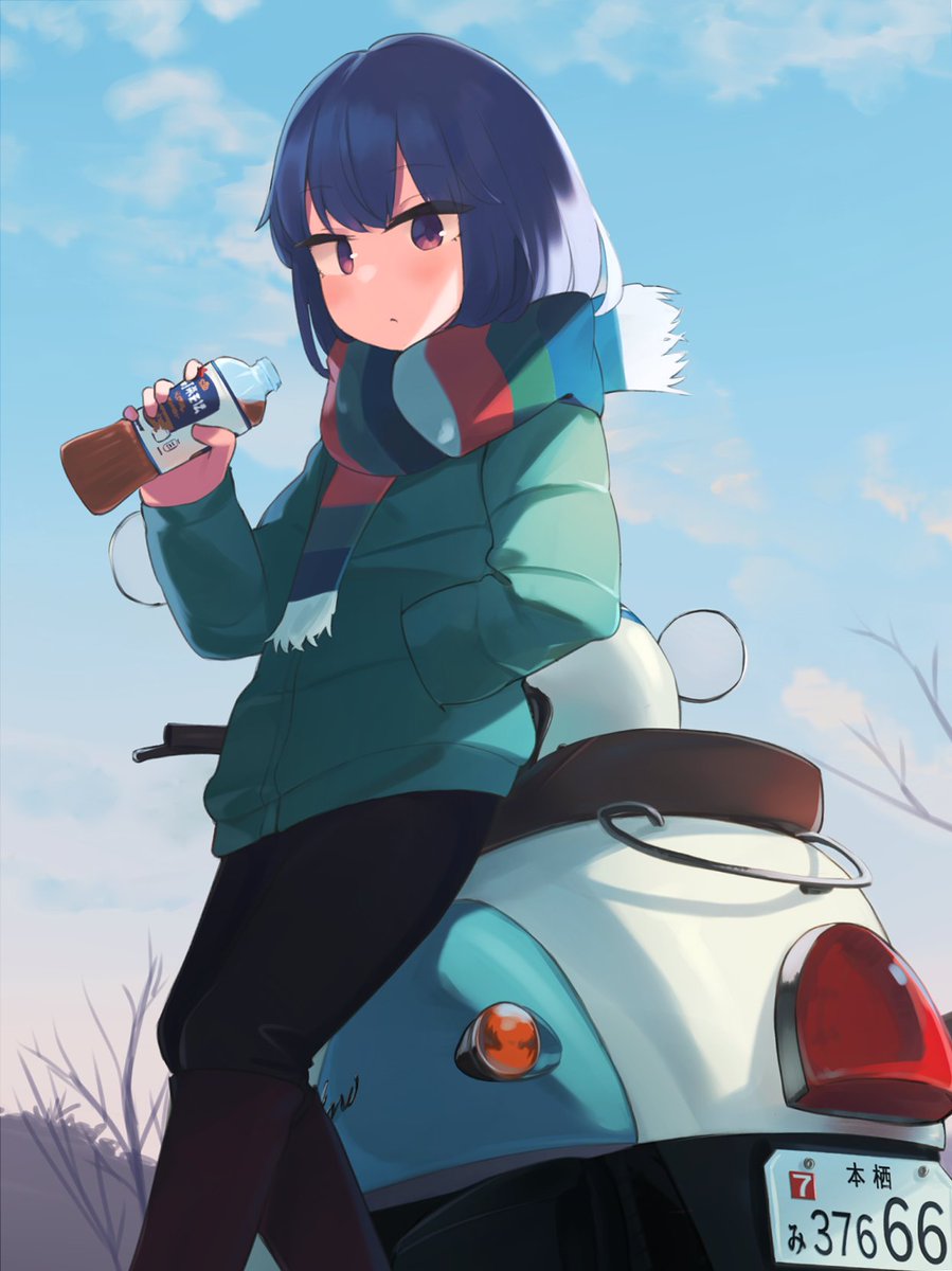 shima rin 1girl solo ground vehicle scarf motor vehicle outdoors hand in pocket  illustration images