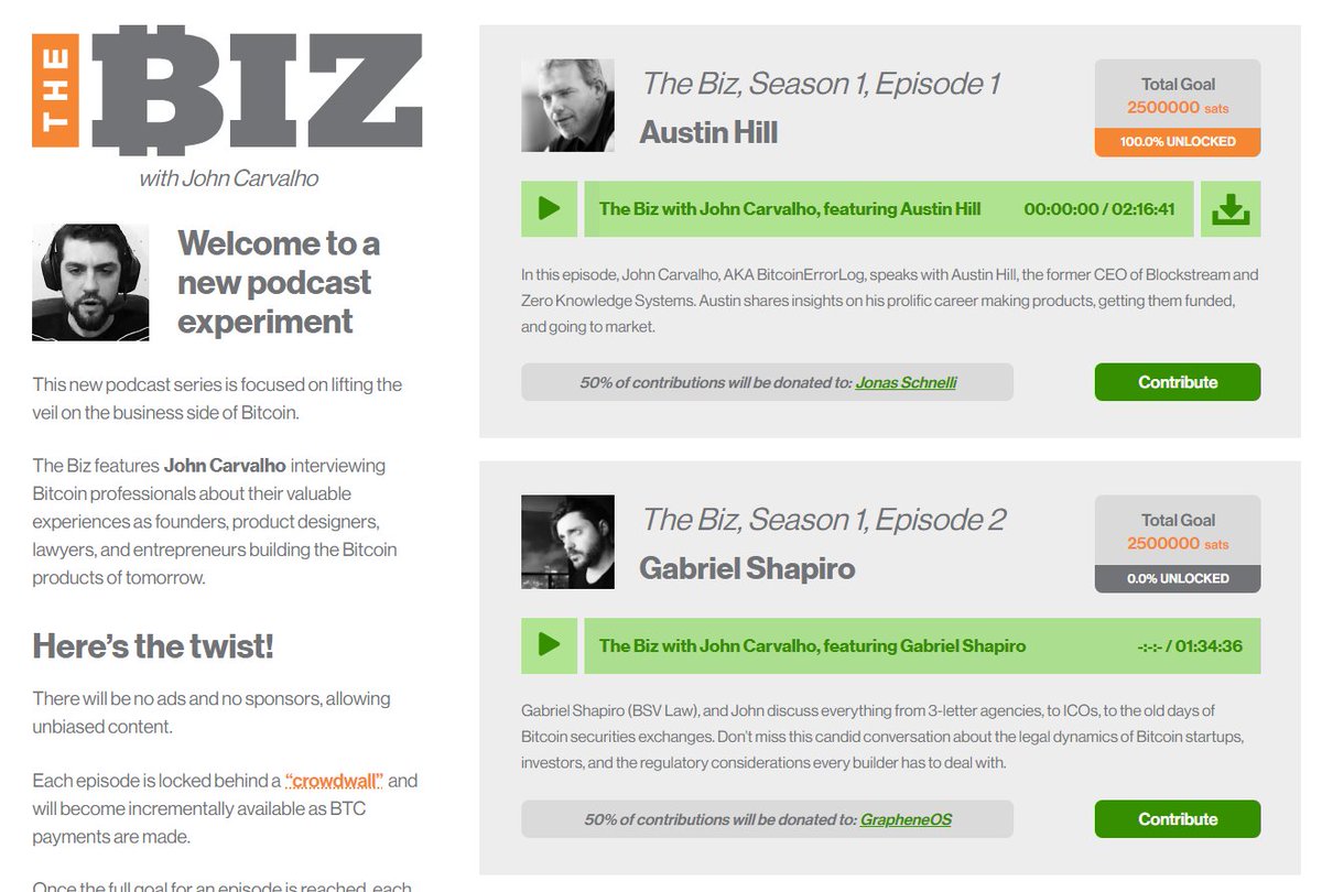 The Biz with John Carvalho (@thebizbtc) on Twitter photo Episode 1 is 100% unlocked!
Now everyone can listen to <a href="/austinhill/">Austin Hill</a> and <a href="/BitcoinErrorLog/">Bitcoin Error Log</a>'s interview for free, with no ads, and no sponsors!
Unlock Episode 2 with 🟠 or ⚡️ at thebiz.pro Episode 1 is 100% unlocked!
Now everyone can listen to <a href="/austinhill/">Austin Hill</a> and <a href="/BitcoinErrorLog/">Bitcoin Error Log</a>'s interview for free, with no ads, and no sponsors!
Unlock Episode 2 with 🟠 or ⚡️ at thebiz.pro